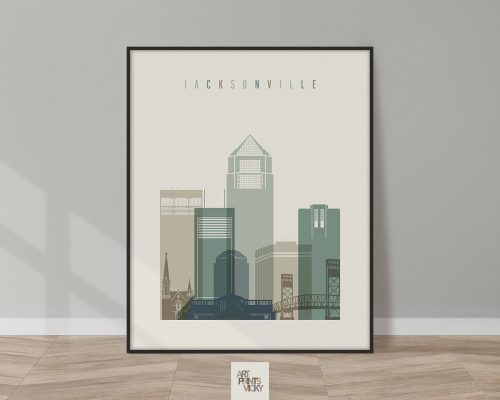 Framed print of Jacksonville city skyline featuring various buildings and structures.
