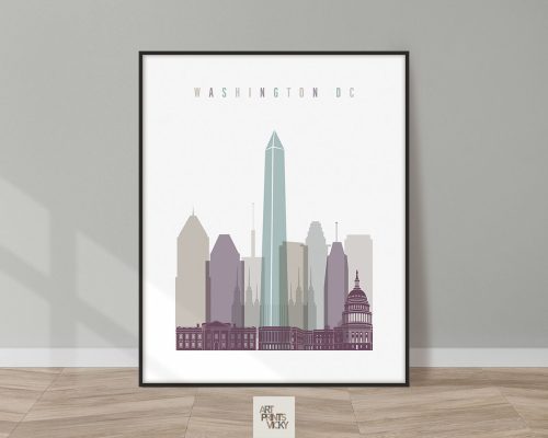 Illustration of a cityscape featuring notable buildings in Washington DC, framed and displayed.
