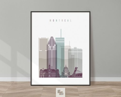Illustration of Montreal's skyline featuring various buildings and structures in muted colors.
