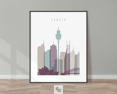 Art print featuring a stylized cityscape of Sydney with notable landmarks.