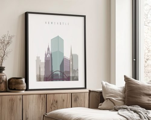 Framed art print of Newcastle cityscape featuring notable buildings and structures.