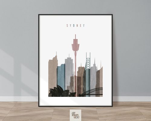 Artistic representation of the Sydney city skyline featuring notable buildings and structures.