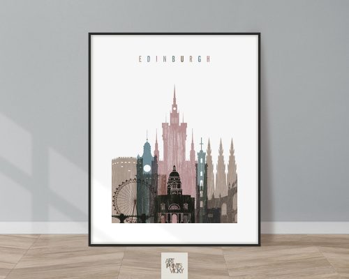Art print featuring a stylized skyline of Edinburgh with notable buildings and landmarks.