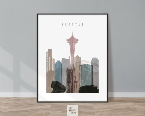 Art print featuring a stylized cityscape of Seattle with the Space Needle and surrounding buildings.
