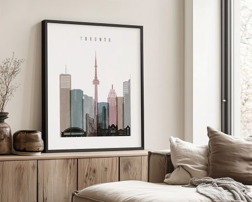 Framed art print of Toronto's skyline featuring the CN Tower and various buildings.