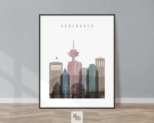 Art print featuring a stylized silhouette of Vancouver's skyline with prominent buildings.