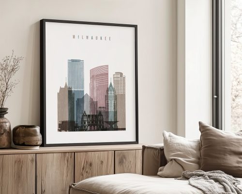 Art print featuring a stylized cityscape of Milwaukee with various buildings and a muted color palette.