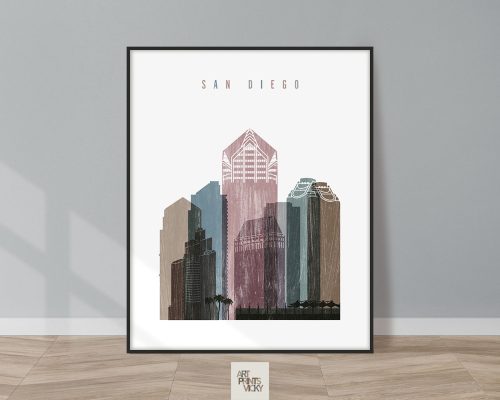 Art print featuring a stylized illustration of San Diego's skyline with various buildings.