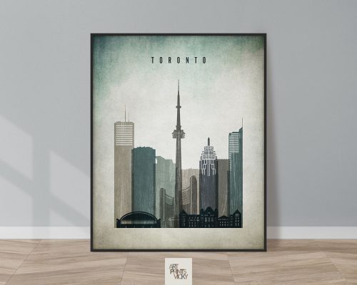 Art print of the Toronto city skyline featuring various buildings and the CN Tower.