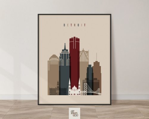 Art print of Detroit skyline featuring various buildings in a minimalist style.