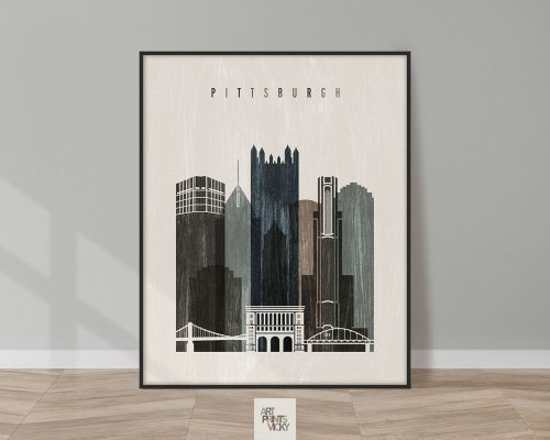 Artistic representation of the Pittsburgh city skyline with prominent buildings and a bridge.