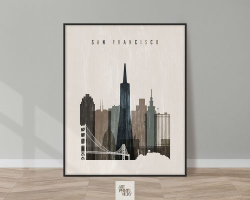 Art print featuring a stylized cityscape of San Francisco with notable buildings and the Golden Gate Bridge.