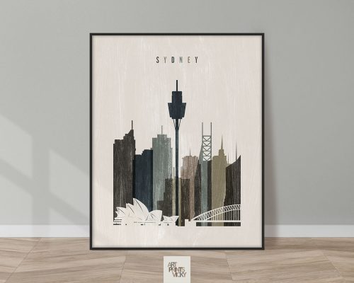 Art print of Sydney skyline featuring the Sydney Opera House and Sydney Tower.