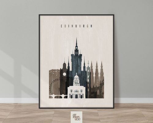 Art print featuring a stylized cityscape of Edinburgh with notable buildings and landmarks.