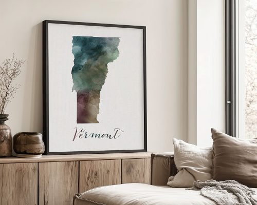 Art print of the state of Vermont in watercolor style with the word 'Vermont' below it.