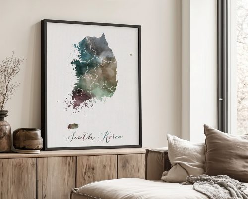 Artistic map of South Korea displayed in a black frame on a wall.