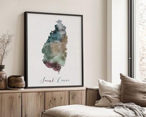 Art print of a watercolor map of Saint Lucia with a decorative border and text label.