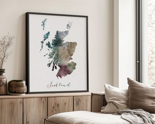 Art print of a map of Scotland in various colors, framed and displayed on a wall.