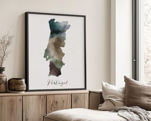 Watercolor illustration of the map of Portugal framed and displayed on a wall.