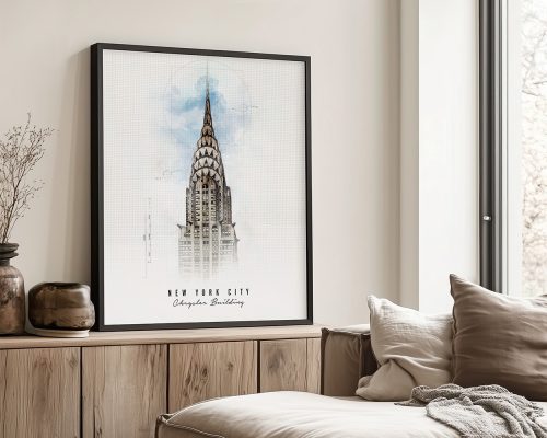 Art print of the Chrysler Building in New York City with a light blue background.