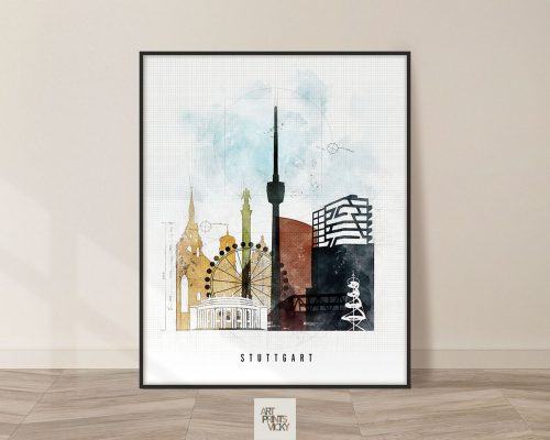 Artistic representation of Stuttgart featuring notable buildings and structures in a colorful design.