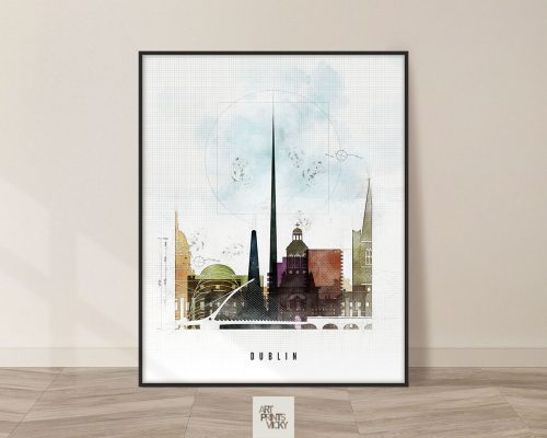 Art print featuring a stylized cityscape of Dublin with notable landmarks and a central spire.