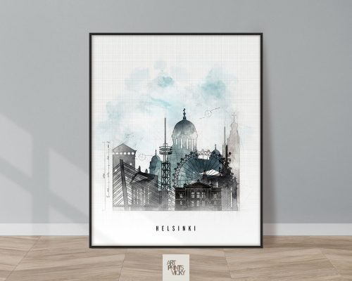 Art print featuring a stylized illustration of Helsinki's skyline with notable buildings and a light blue background.