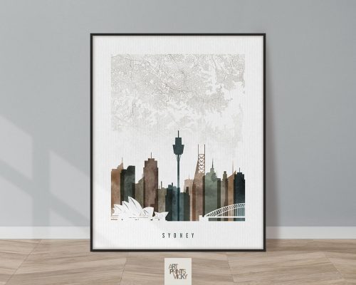 Art print featuring a stylized cityscape of Sydney with notable landmarks and a light green background.