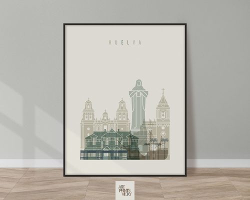 Art print featuring a stylized cityscape of Huelva with notable buildings and structures.