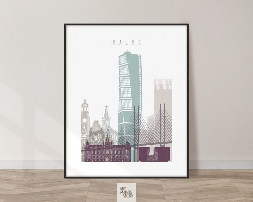 Art print of Malmo cityscape featuring buildings and structures in a minimalist design.