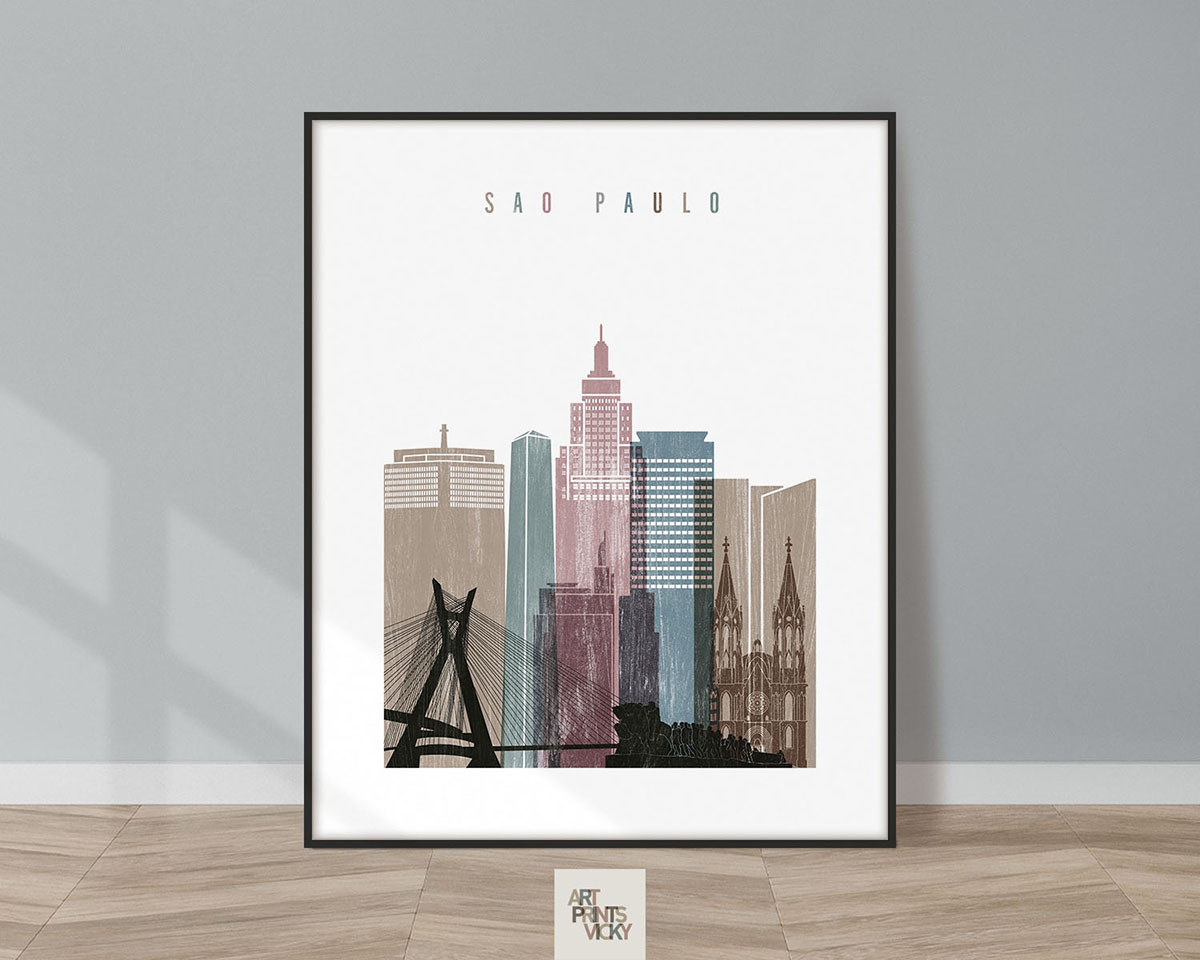 Art print featuring a stylized cityscape of Sao Paulo with notable buildings and landmarks.