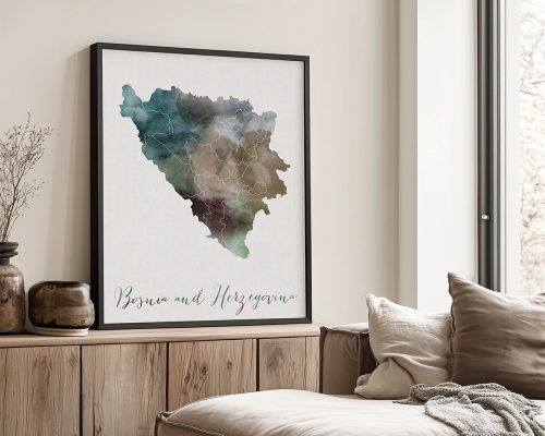 Watercolor map of Bosnia and Herzegovina framed and displayed in a living room setting.