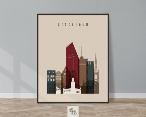 Framed art print of a stylized cityscape featuring buildings from Stockholm.