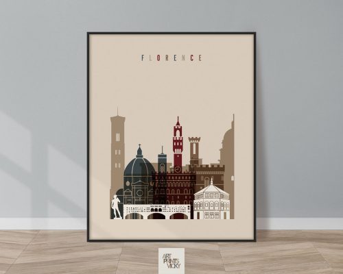Art print featuring a stylized cityscape of Florence with notable buildings and landmarks.