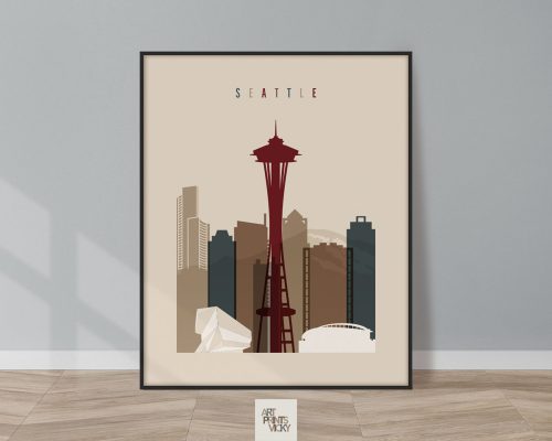 Art print of Seattle skyline featuring the Space Needle and various buildings in muted colors.