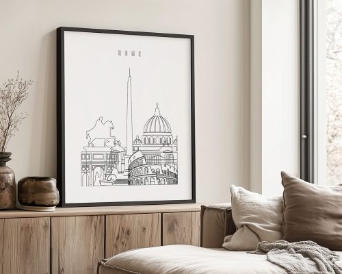 Line art illustration of iconic landmarks in Rome, including a horse statue and a dome structure.
