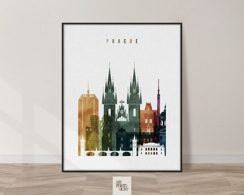 Art print featuring a stylized cityscape of Prague with notable buildings and towers.