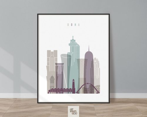 Art print of Doha's skyline featuring various modern buildings and architectural styles.