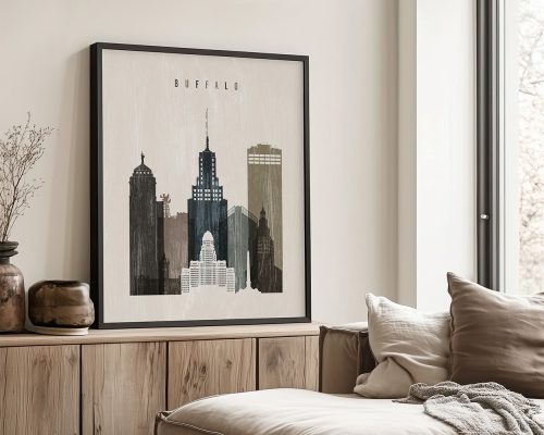 Framed artwork depicting the skyline of Buffalo, New York, with prominent buildings illustrated.