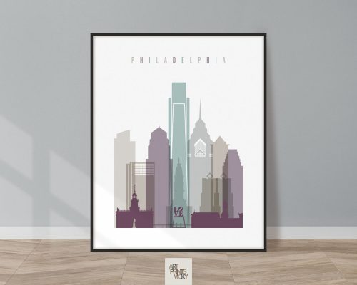 Stylized cityscape illustration of Philadelphia with various buildings and the word 'Philadelphia' at the top.