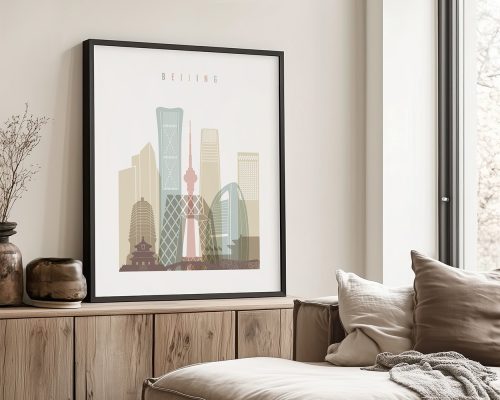 Art print depicting a stylized cityscape of Beijing with notable buildings and a muted color palette.