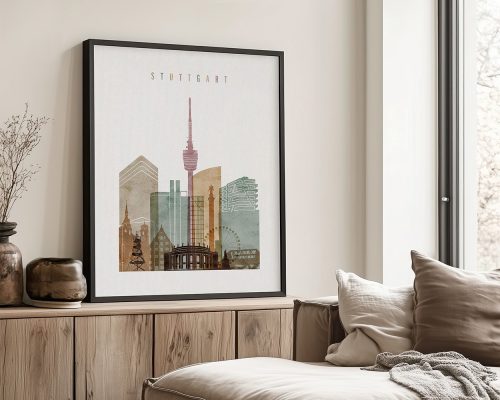 Art print featuring a stylized cityscape of Stuttgart with notable buildings and landmarks.