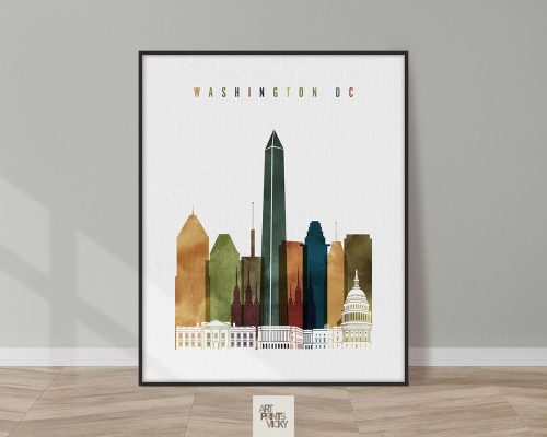 Art print of a cityscape silhouette featuring iconic buildings of Washington DC.