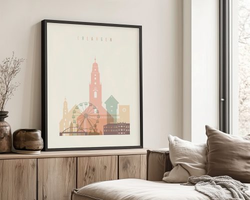 Art print featuring a stylized cityscape of Erlangen with notable buildings and a ferris wheel.