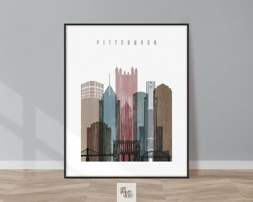 Art print of Pittsburgh skyline featuring various buildings and a bridge in a minimalist style.