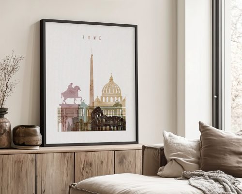 Framed artwork featuring iconic landmarks of Rome, including the Colosseum and St. Peter's Basilica.