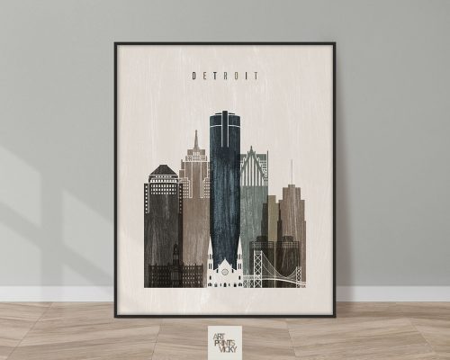 Artistic representation of the Detroit skyline with various buildings and structures in a framed design.