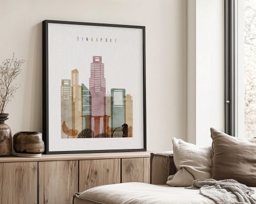 Art print of a stylized cityscape featuring buildings in Singapore with a muted color palette.