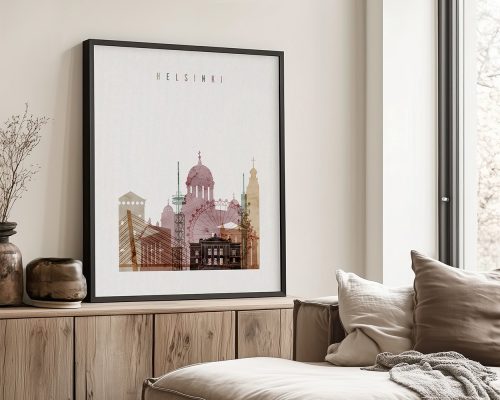 Framed artwork depicting a cityscape of Helsinki with notable buildings and landmarks.
