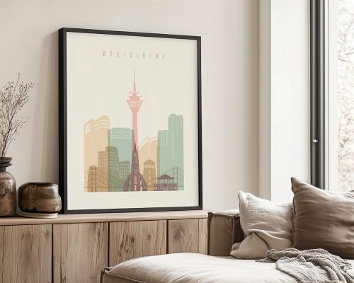 Illustration of Dusseldorf skyline featuring buildings and a tower in soft colors.